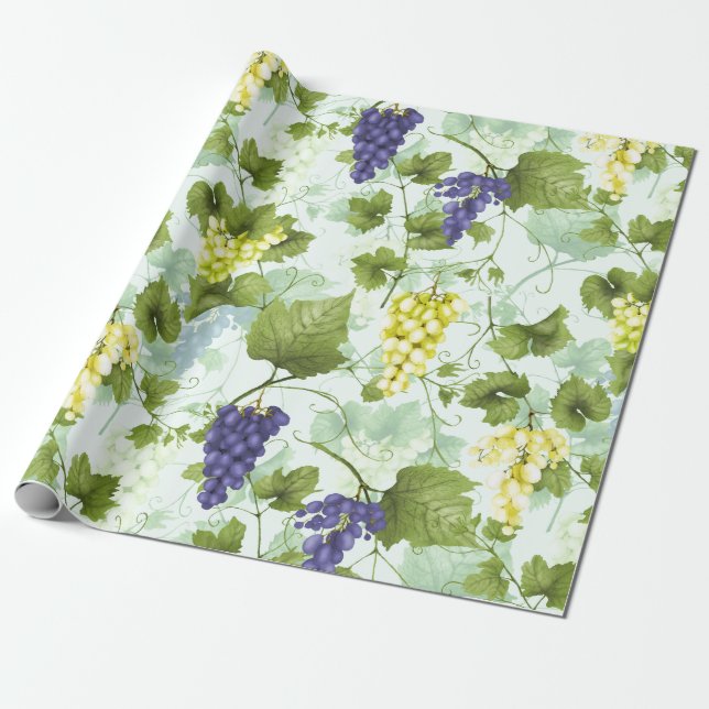 Grapes Hand drawn Summer Fruit Pattern on Mint Wrapping Paper (Unrolled)