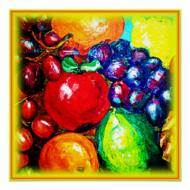 Grapes, Lime, Orange , Apple Fruits. Buy Now Poster (Front)