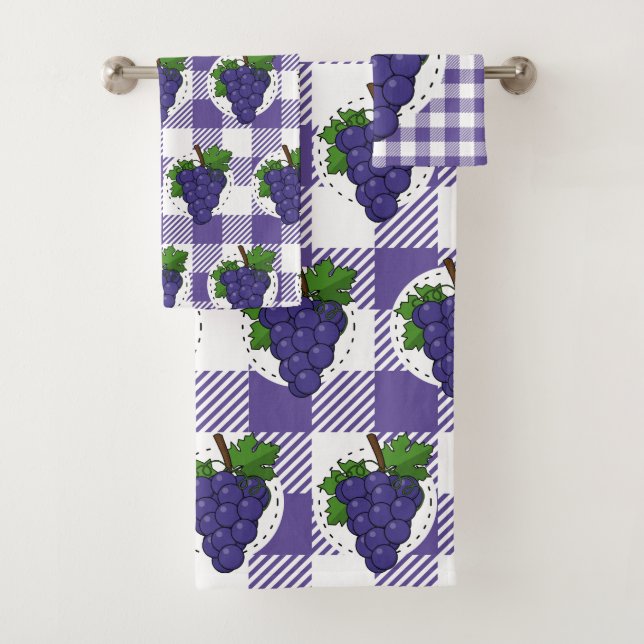 Grapes on White Violet Plaid Bath Towel Set (Insitu)