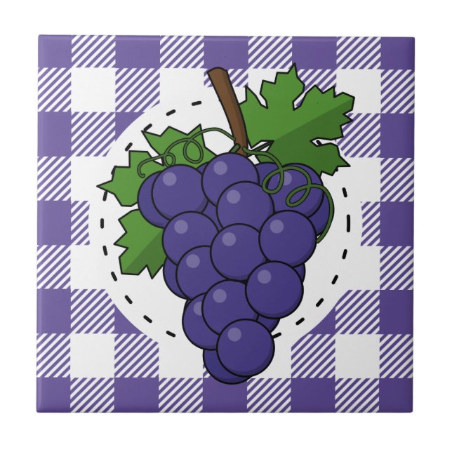 Grapes on White Violet Plaid Ceramic Tile (Front)