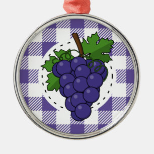 Grapes on White Violet Plaid Metal Ornament