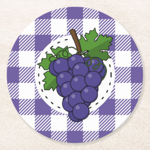 Grapes on White Violet Plaid Round Paper Coaster