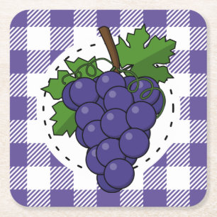 Grapes on White Violet Plaid Square Paper Coaster