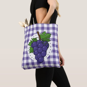 Grapes on White Violet Plaid Tote Bag