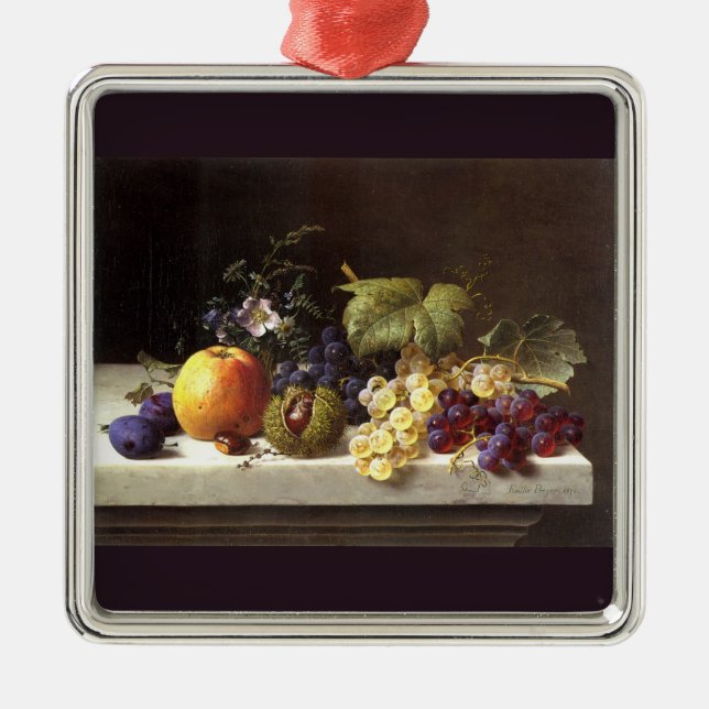 Grapes Plums Etc. On A Marble Ledge Metal Ornament (Front)