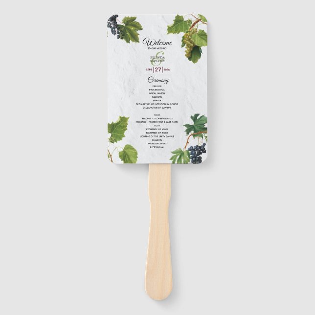 Grapes Vineyard Greek Island Wedding Program Hand Fan (Front)