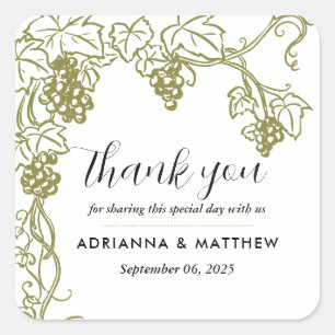 Grapevine Elegant Wedding Thank You   Vineyard Square Sticker