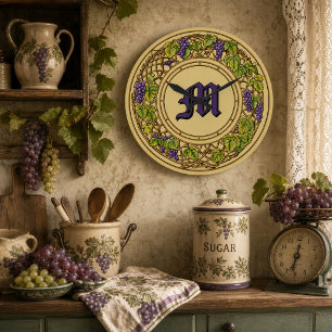 Grapevine Trellis Wreath Monogram Print Large Clock