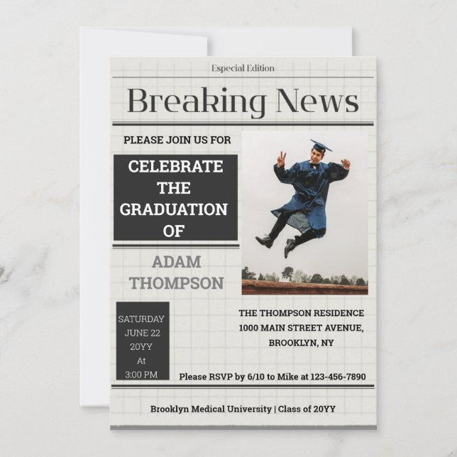 Graph paper Newspaper Graduation Party Invitations (Front)