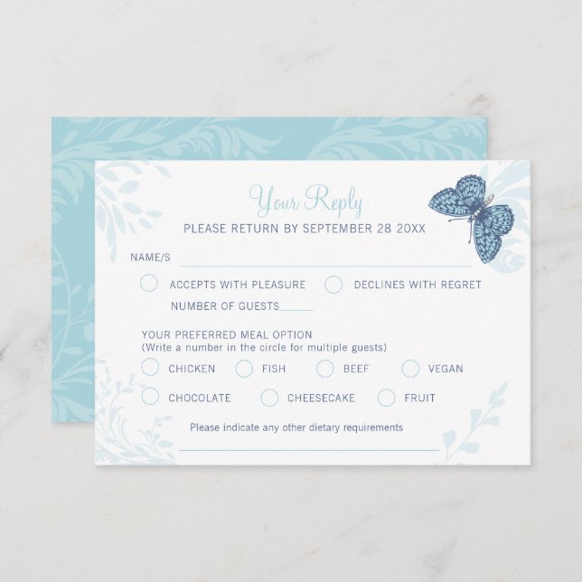 Graphic art butterflies and floral swirl wedding RSVP card (Front/Back)