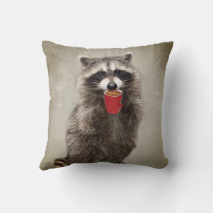 Graphic Art Fun Racoon Drinking Coffee Humour Cushion