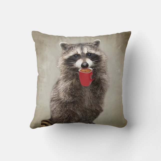 Graphic Art Fun Racoon Drinking Coffee Humour Cushion (Back)