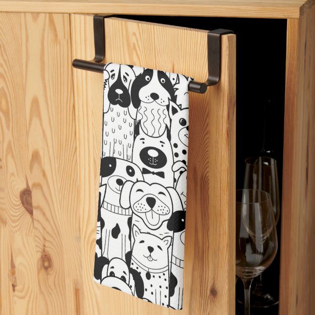 Graphic Art Line Drawing Dog Cartoons Tea Towel (Thirds Fold)