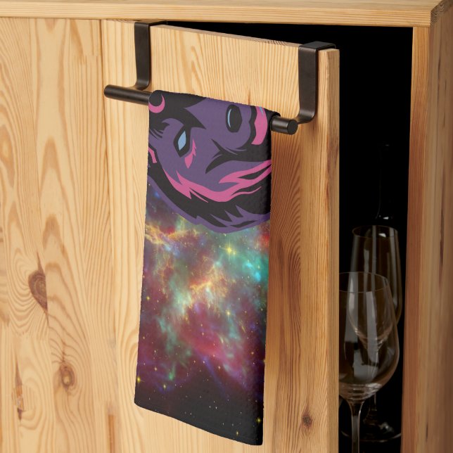 Graphic Artwork, Purple Cosmic Wolf Tea Towel (Thirds Fold)