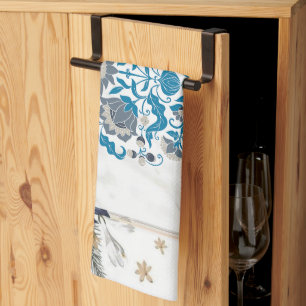 Graphic Artwork, Teal Mandala Floral Frame Tea Towel