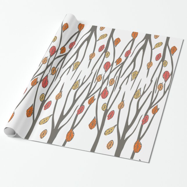 Graphic autumn fall leaves and trees pattern wrapping paper (Unrolled)