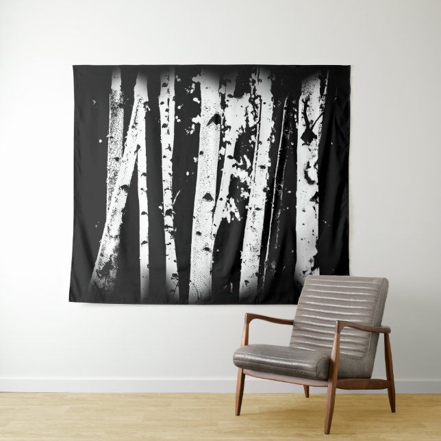 Graphic Black and White Birch Tree Forest Rustic Tapestry (In Situ (Horizontal))