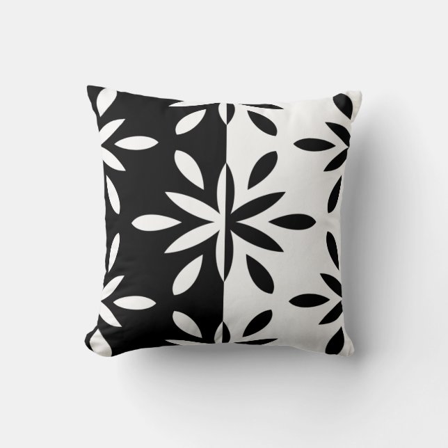 Graphic Black and White Geometric Flower Pattern Cushion (Front)