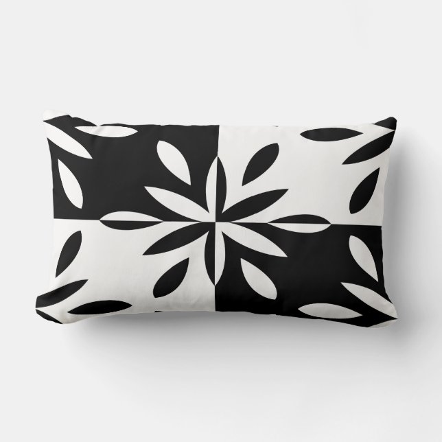 Graphic Black and White Geometric Flower Pattern Lumbar Cushion (Front)
