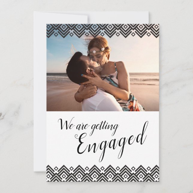 Graphic black geometric photo engagement party invitation (Front)