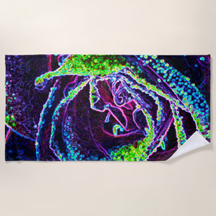 Graphic Black White Blue and Green Rose Detail Beach Towel