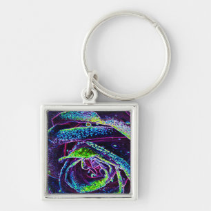 Graphic Black White Blue and Green Rose Detail Key Ring