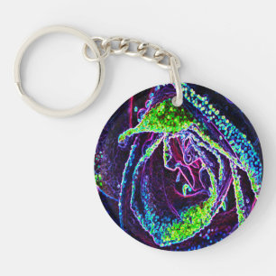 Graphic Black White Blue and Green Rose Detail Key Ring