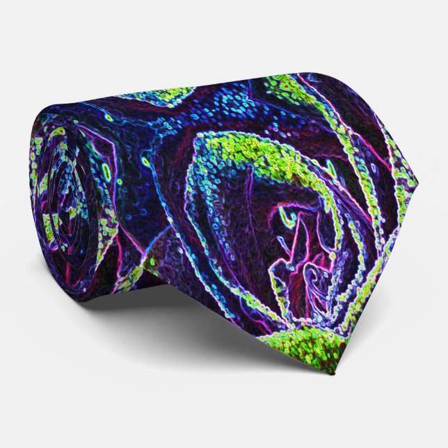 Graphic Black White Blue and Green Rose Detail Tie (Rolled)