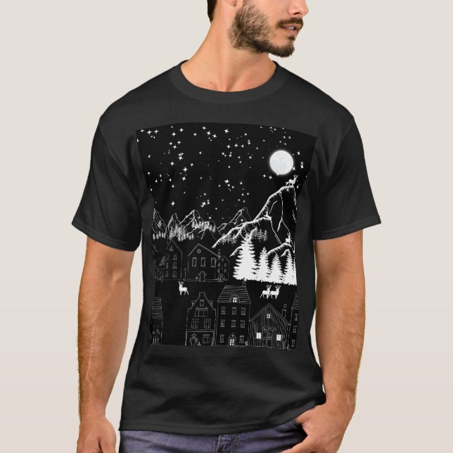 Graphic Black White Deertown Starry moonlit night T-Shirt (Front)