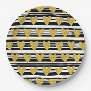 Graphic Black White Heart Stripe Pattern Paper Plate