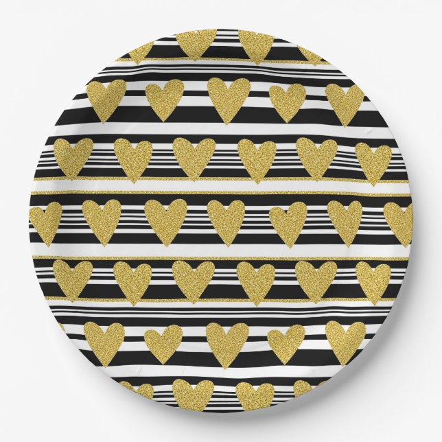 Graphic Black White Heart Stripe Pattern Paper Plate (Front)