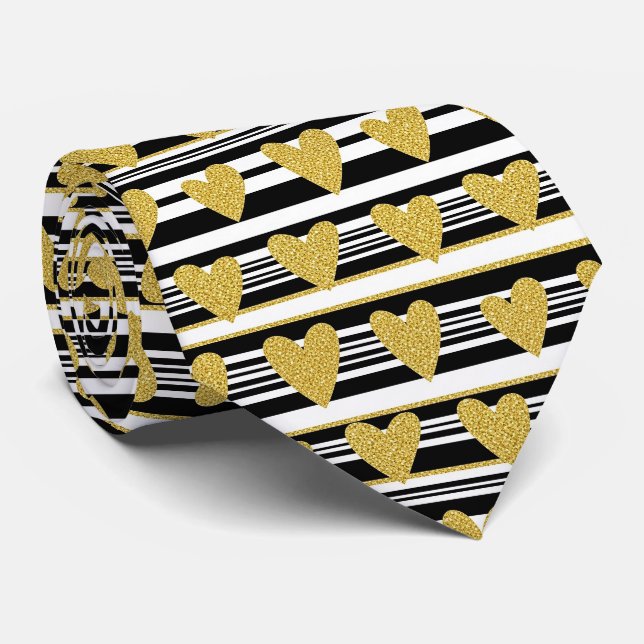 Graphic Black White Heart Stripe Pattern Tie (Rolled)