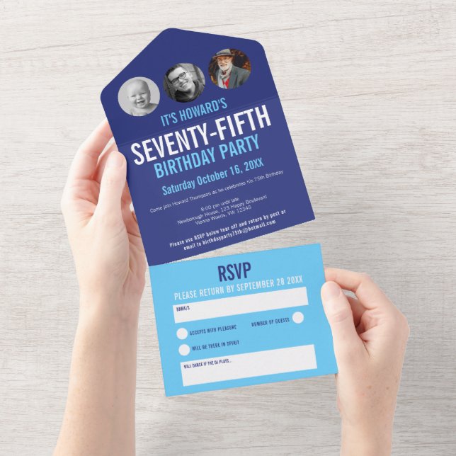Graphic blue cyan photo circles 75th Birthday  All In One Invitation (Tearaway)