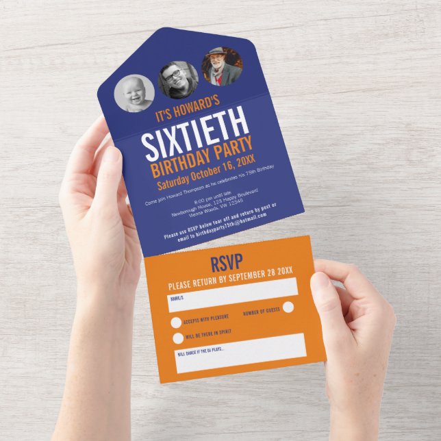 Graphic blue orange photo circles 60th Birthday All In One Invitation (Tearaway)