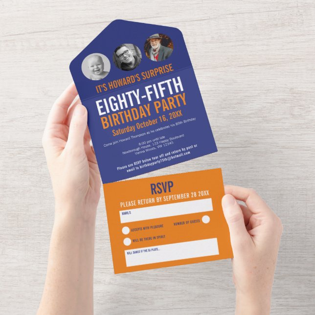 Graphic blue orange photo circles 85th Birthday All In One Invitation (Tearaway)