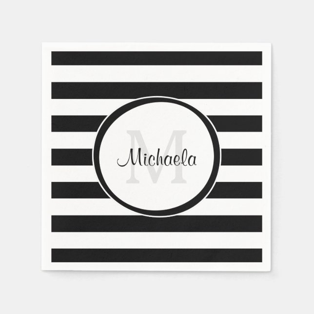 Graphic Broad Black and White Stripes and Monogram Napkin (Front)
