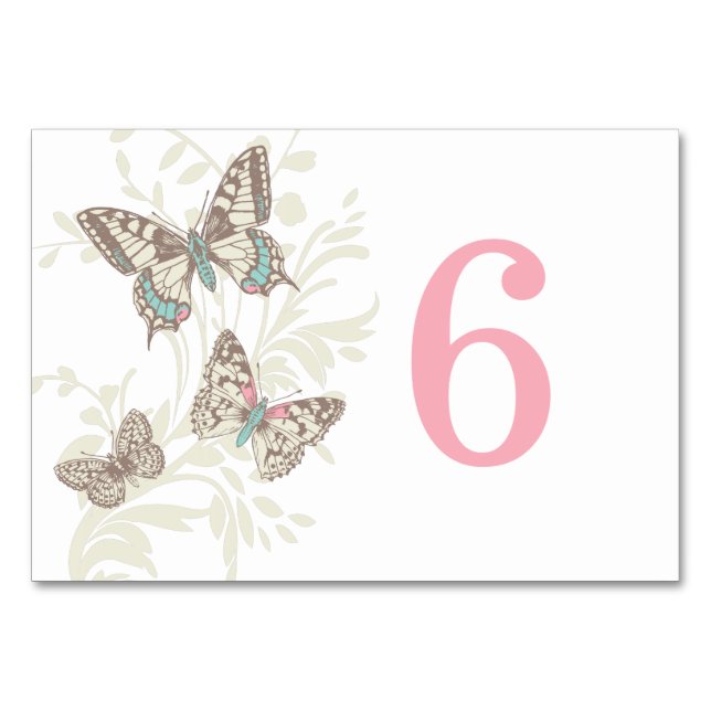 Graphic butterflies pink cream wedding table card (Back)