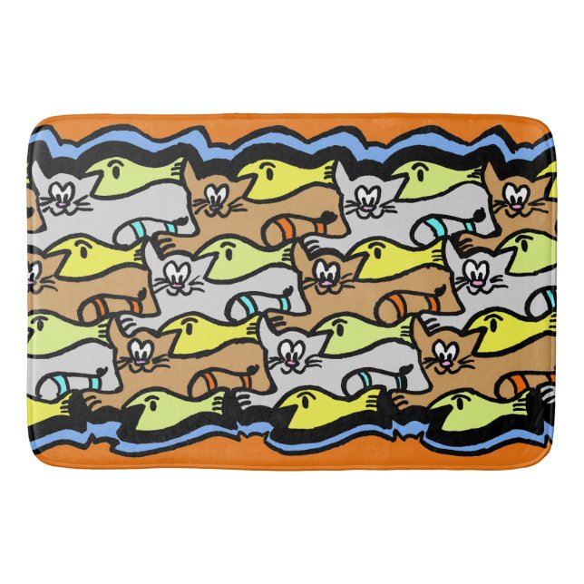 Graphic Cats and Fish Cartoon Bath Mat (Front)