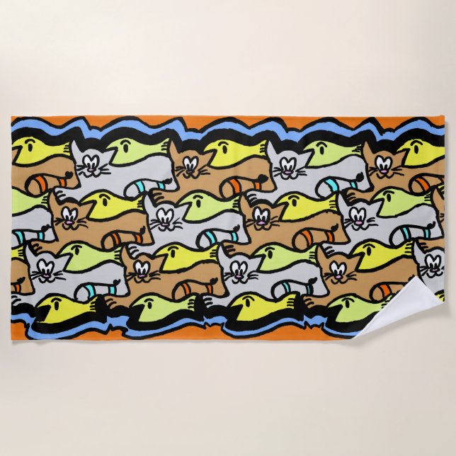 Graphic Cats and Fish Cartoon Beach Towel (Front)
