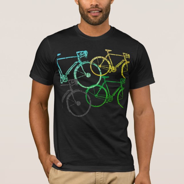 Graphic Colour Bikes | Bicycles on Black T-Shirt (Front)