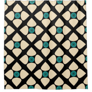 Graphic Diamond Flower Pattern Cream Black Teal Shower Curtain