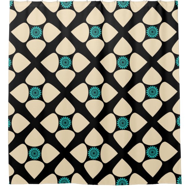 Graphic Diamond Flower Pattern Cream Black Teal Shower Curtain (Front)