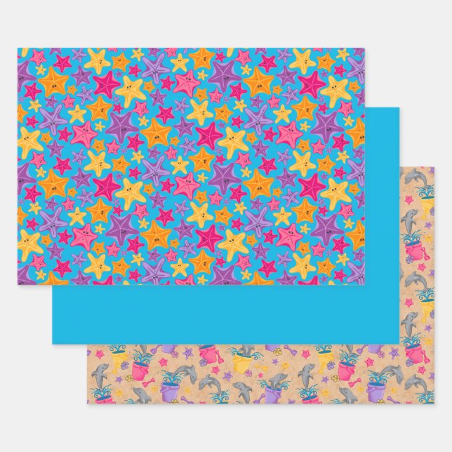 Graphic Dolphin Starfish Bold Under the Sea Wrapping Paper Sheet (Set)