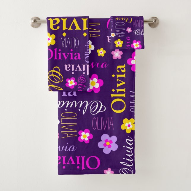 Graphic flowers and text olivia purple pink yellow bath towel set (Insitu)