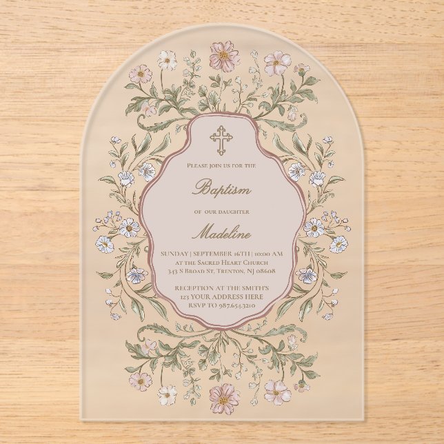 graphic flowers frame Baptism Acrylic Invitations (Front)