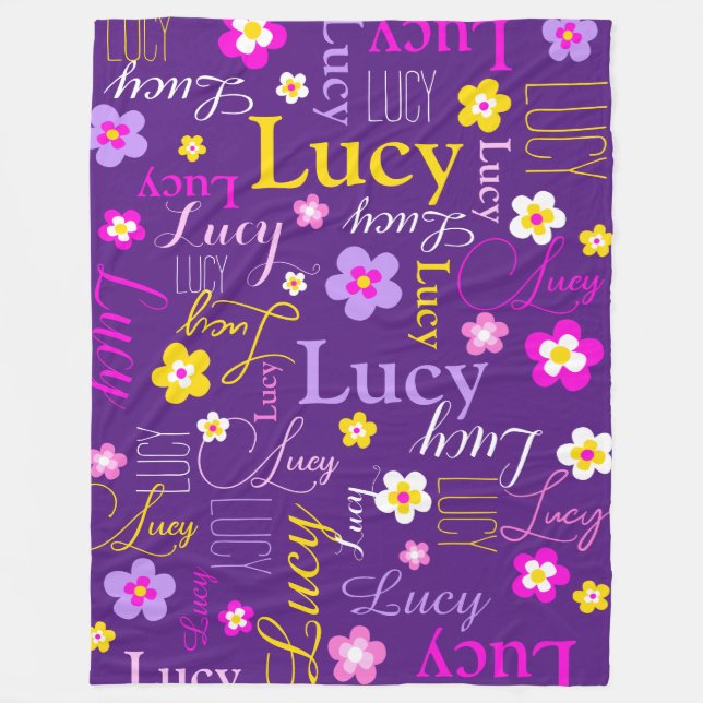 Graphic flowers Lucy name purple pink yellow Fleece Blanket (Front)