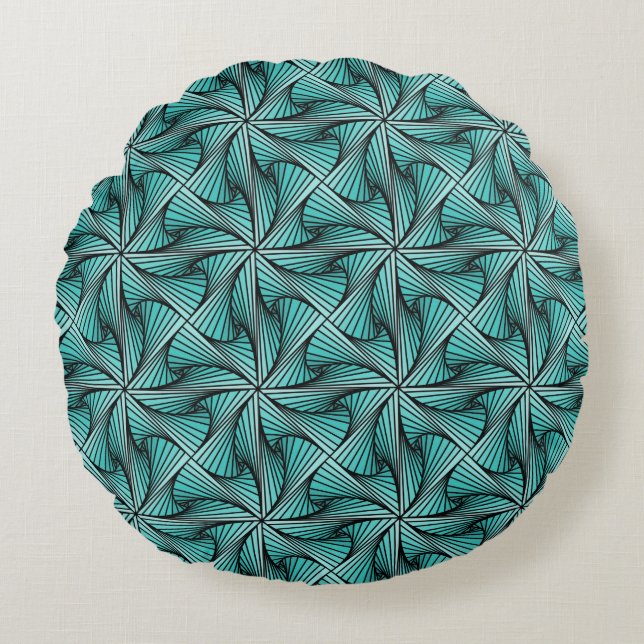 Graphic Geometric 3D Spiral Twist Turquoise Green Round Cushion (Front)
