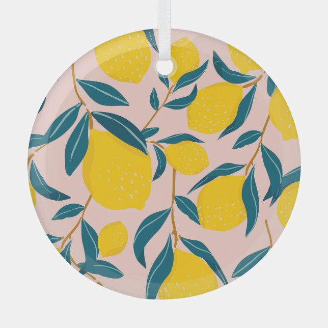 Graphic illustrated lemons: pink seamless pattern glass tree decoration (Front)