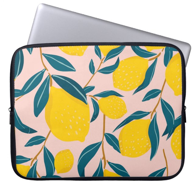 Graphic illustrated lemons: pink seamless pattern laptop sleeve (Front)