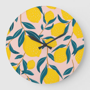 Graphic illustrated lemons: pink seamless pattern large clock